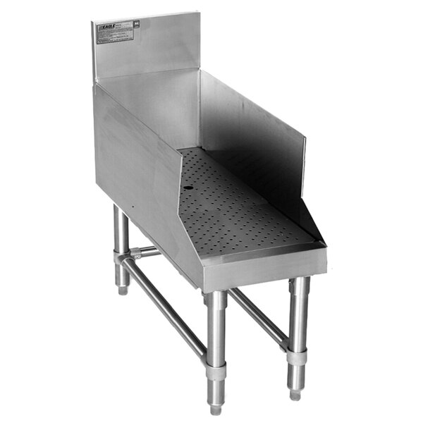 A stainless steel Eagle Group underbar drainboard with a metal shelf and a drain.