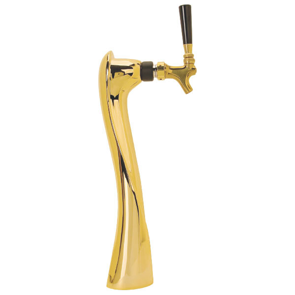 A Micro Matic gold beer tap with a black handle.