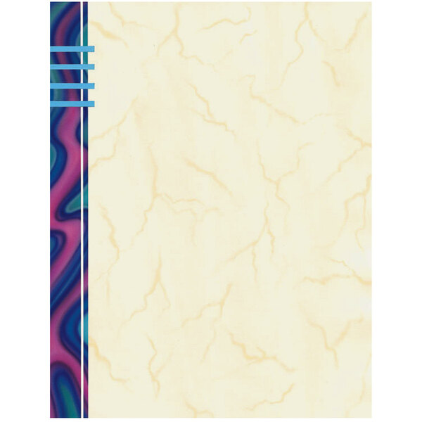 White menu paper with a blue wave border.