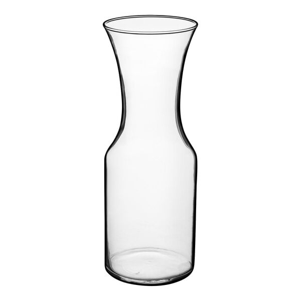 A clear glass decanter with a curved neck.
