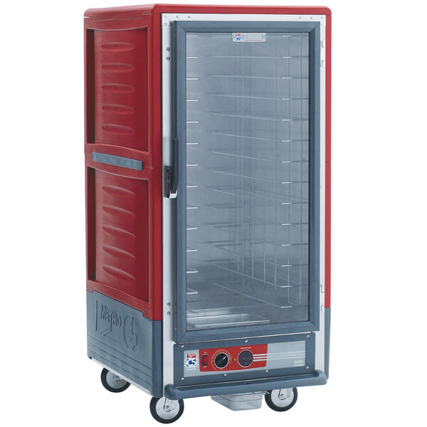 a red and silver refrigerator