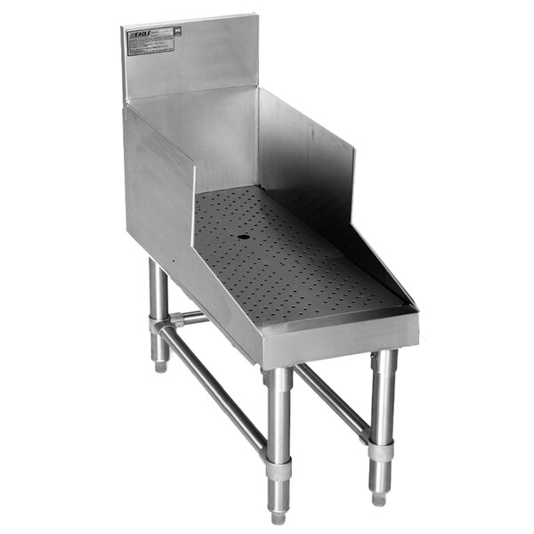 A stainless steel Eagle Group recessed drainboard on a metal shelf.