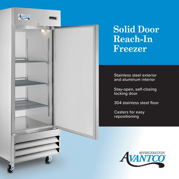 Graphic highlighting solid door refrigerator features, including stainless steel and 3 shelves.