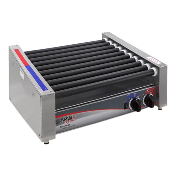 An APW Wyott hot dog roller grill with black rollers on a counter.