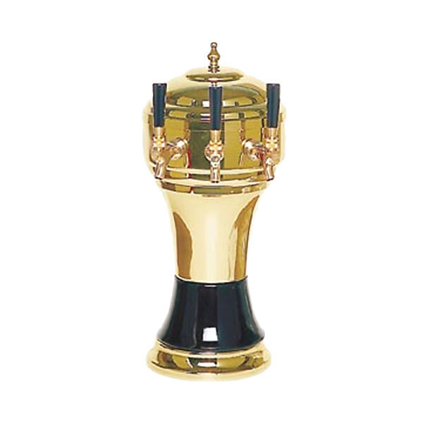 A Micro Matic Zeus brass and black beer tap tower with three taps.