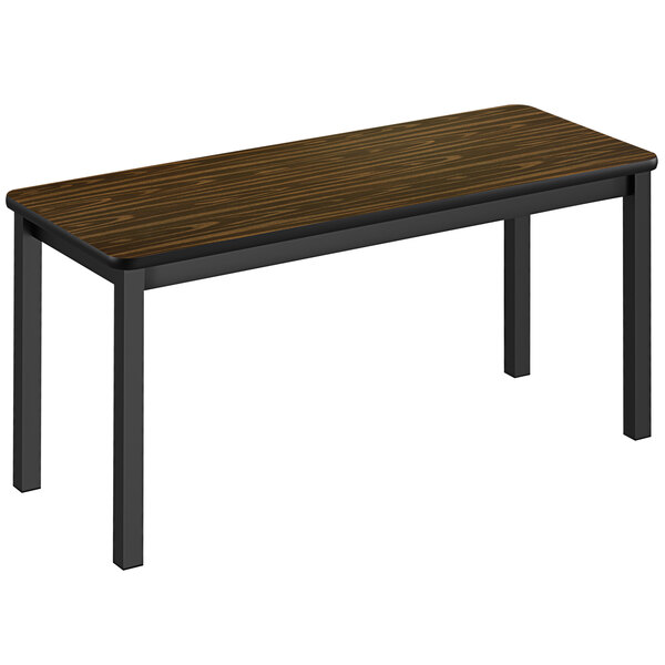 A Correll wooden library table with a walnut top and black legs.