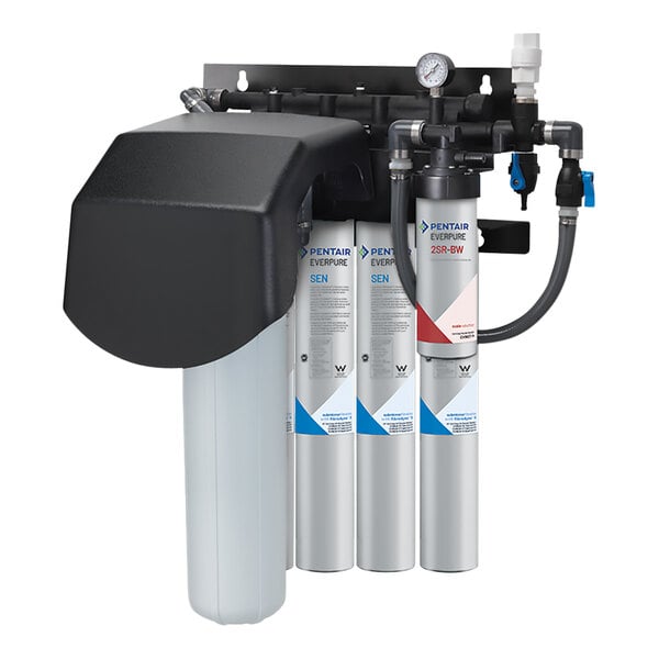 The white box with blue and white text containing a silver Everpure water filtration system with four silver canisters.