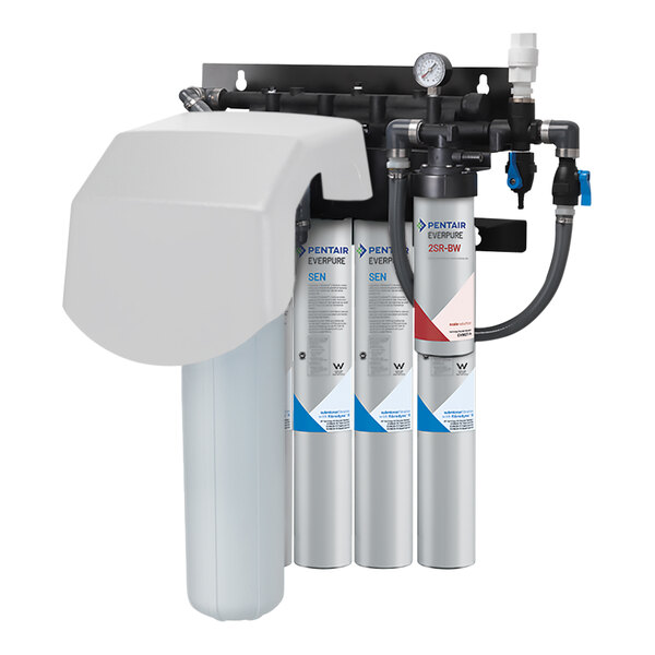 A wall-mounted water filtration system with four vertical filter cartridges, a pre-filter housing, attached tubing, and a pressure gauge.