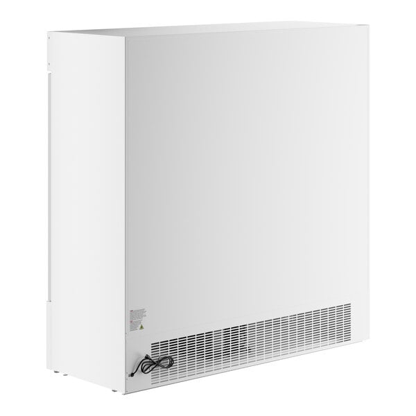 A large white swing glass door merchandiser refrigerator with a customizable front panel and LED lighting.