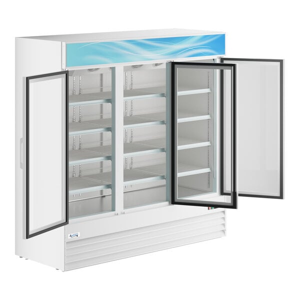 A large white glass door merchandiser refrigerator with multiple shelves and LED lighting.