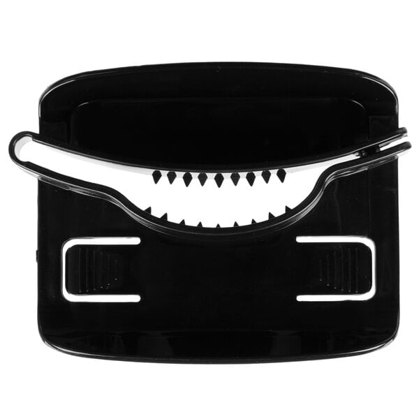A black and white plastic hand guard with a metal handle.