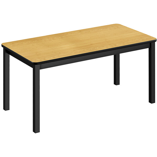 A Correll library table with a black frame and Fusion Maple top.