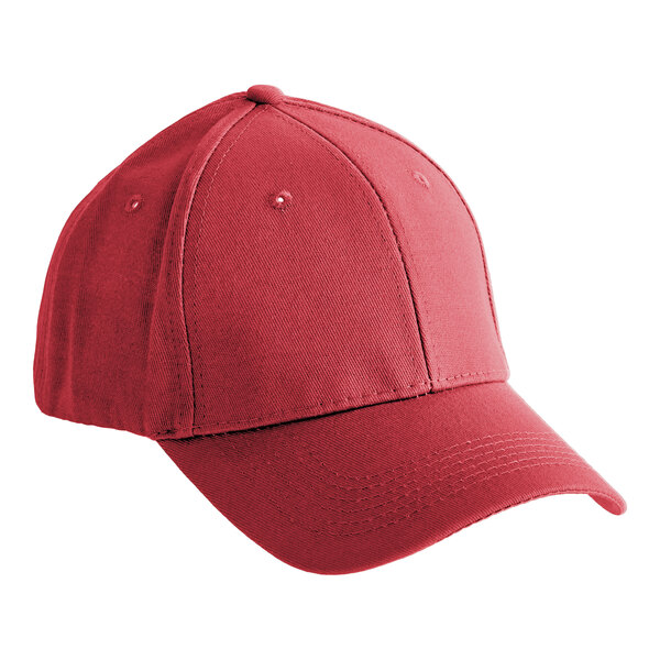 A red six-panel baseball cap.