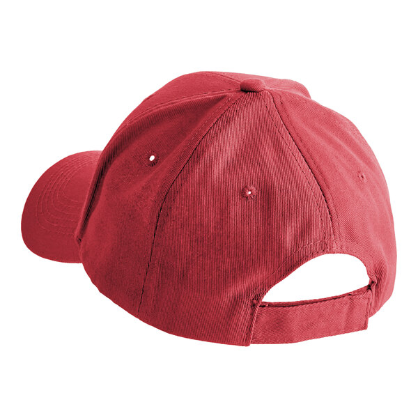 A red six-panel baseball cap with an adjustable strap at the back.