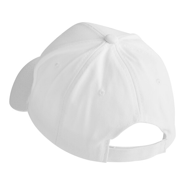 A plain white 6-panel baseball cap with an adjustable strap at the back.