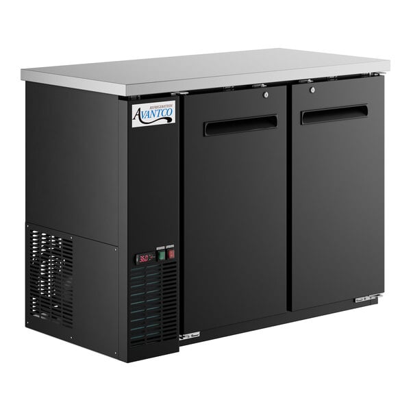 An Avantco black back bar refrigerator with two doors.