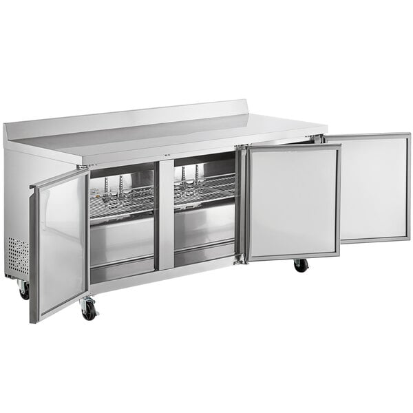 An Avantco stainless steel worktop refrigerator with three doors.