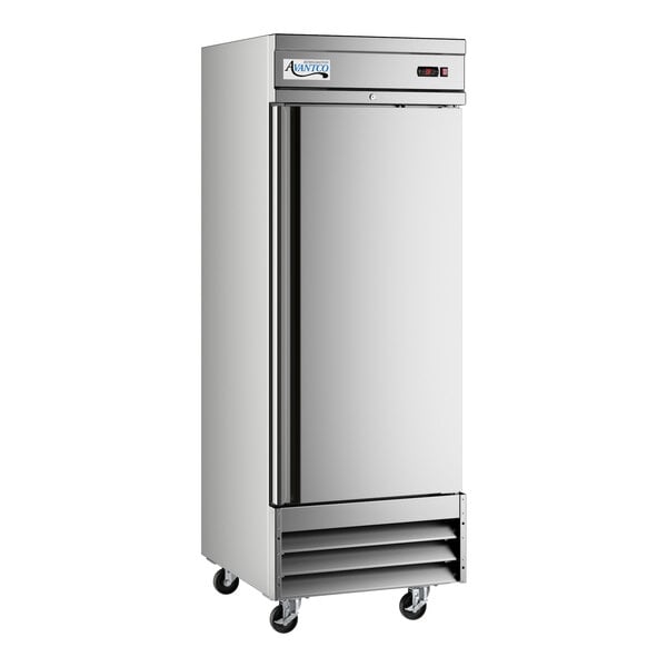A stainless steel solid door reach-in freezer on casters.