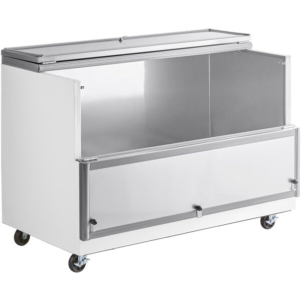 A white Avantco school milk cooler with a silver top.