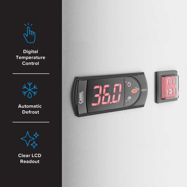 Graphic highlighting refrigerator digital temperature control, auto defrost, and LCD readout.