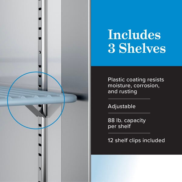 Graphic highlighting 3 adjustable plastic-coated refrigerator shelves and included shelf clips.