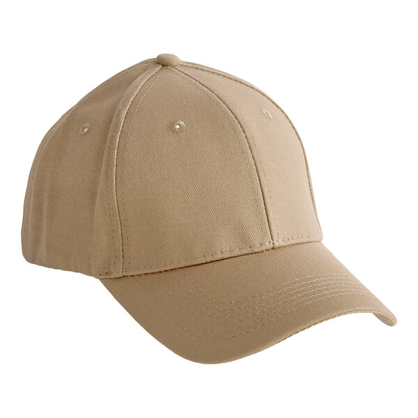 A plain khaki six-panel baseball cap.