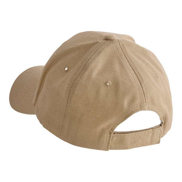 A khaki-colored 6-panel baseball cap with an adjustable strap at the back.