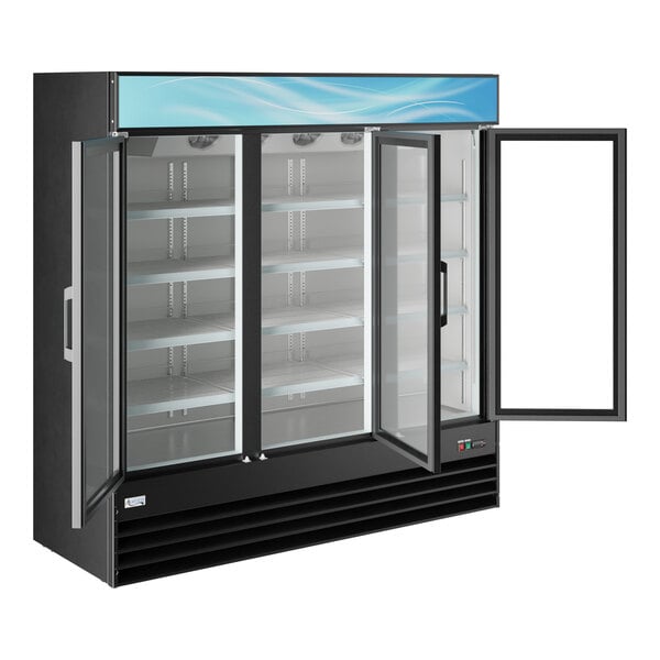 A large black swing glass door merchandiser refrigerator with LED lighting and customizable top panel.