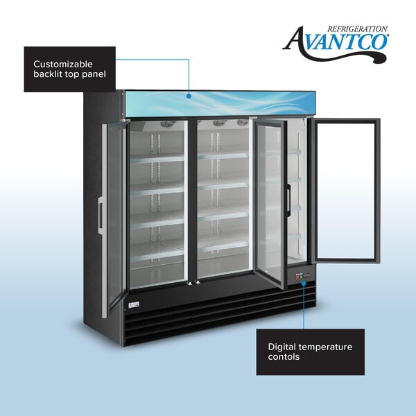 Graphic showing glass door refrigerator with customizable panel and digital controls.