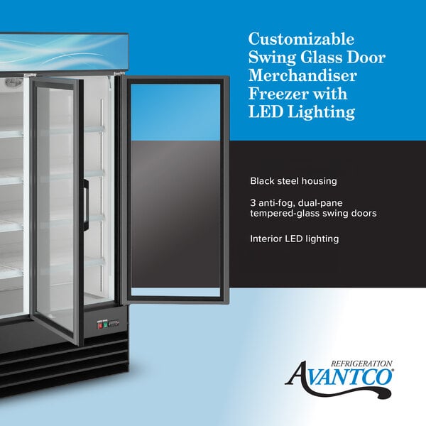 A commercial refrigerator with three swing glass doors, black steel housing, and interior LED lighting is shown with one door open.