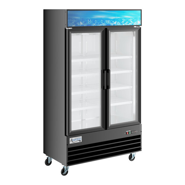 An Avantco black merchandising refrigerator with glass doors.