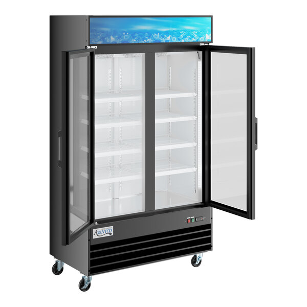 An Avantco black customizable swing glass door merchandiser refrigerator.