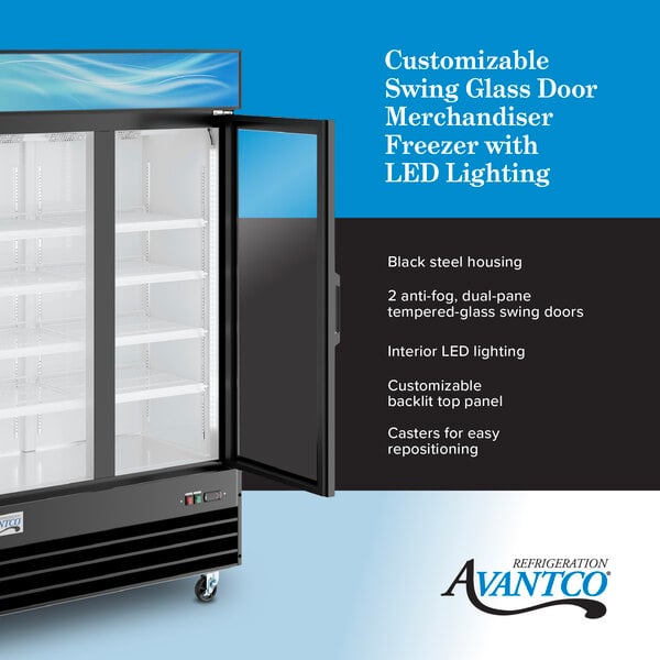 Graphic highlighting glass door refrigerator with LED lighting and customizable top panel.
