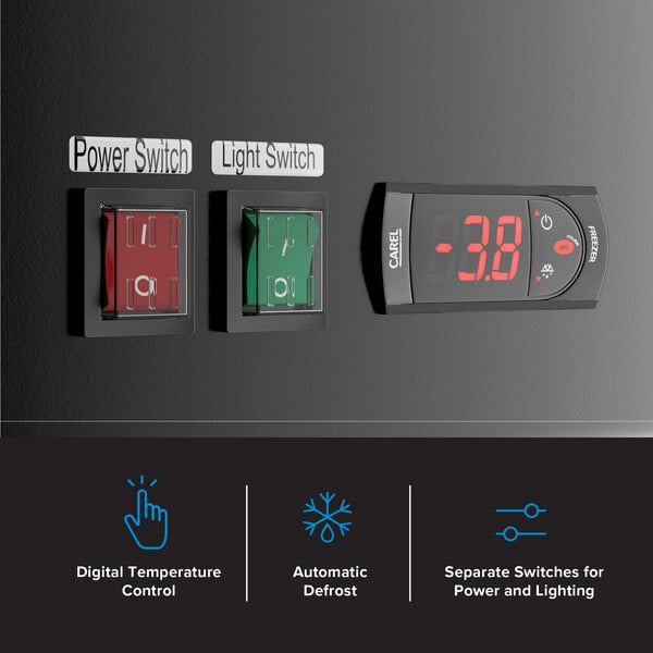 Graphic highlighting digital temperature control, auto defrost, and separate switches.