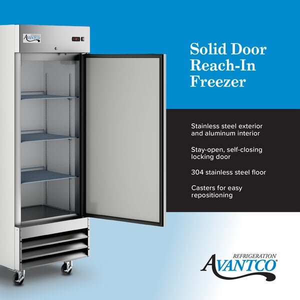 Graphic highlighting solid door freezer features, including stainless steel and 3 shelves.
