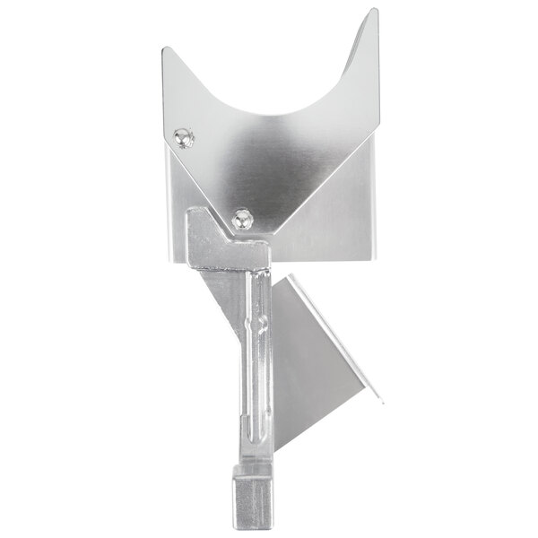 A Garde tomato slicer pusher head assembly. A metal piece of equipment with a silver metal finish.