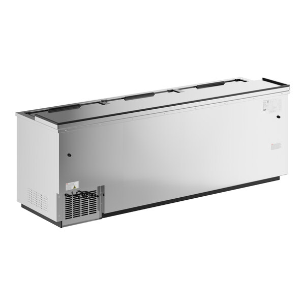 An Avantco stainless steel horizontal bottle cooler with a black lid.