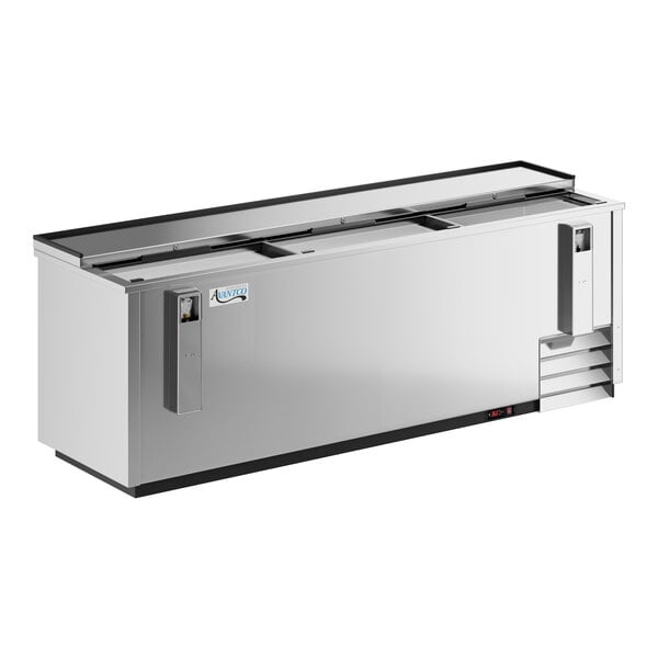 An Avantco stainless steel horizontal bottle cooler.