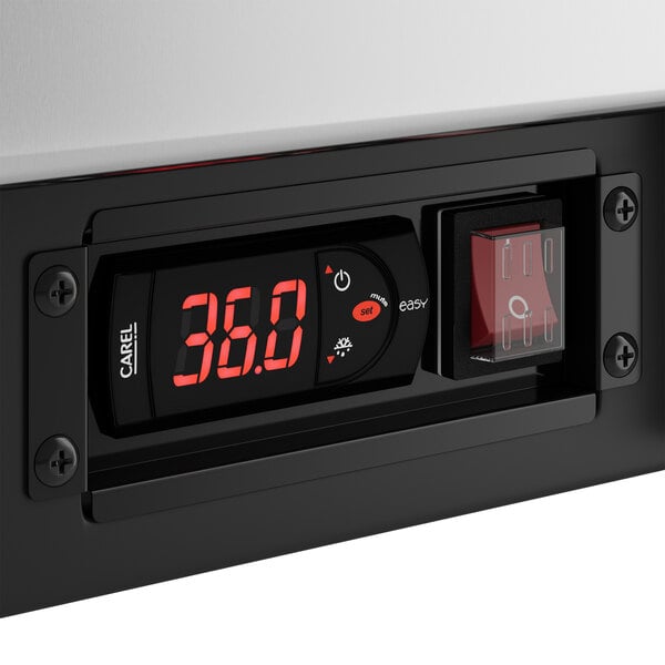 An Avantco stainless steel horizontal bottle cooler with a digital display.