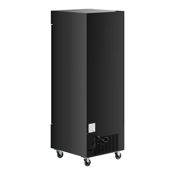 A black customizable swing glass door merchandiser refrigerator with LED lighting on caster wheels.