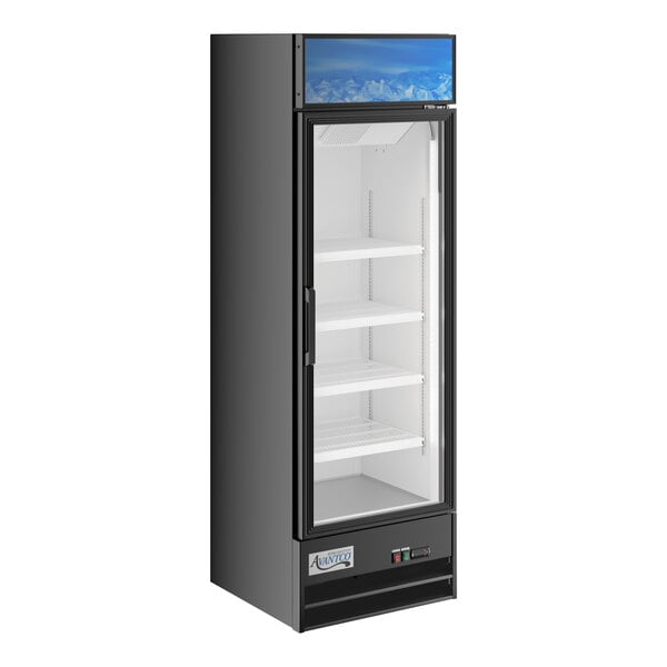 An Avantco black customizable swing glass door merchandiser refrigerator.