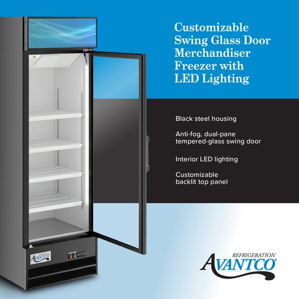 Graphic highlighting glass door refrigerator with LED lighting and customizable top panel.
