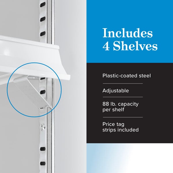 Graphic highlighting 4 adjustable plastic-coated shelves with 88 lb. capacity each.