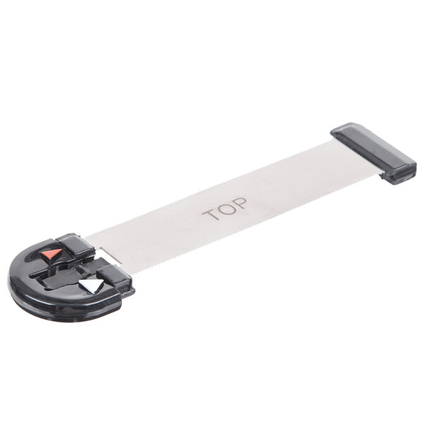 A close-up of a silver and black Mercer Culinary hand slicer blade.