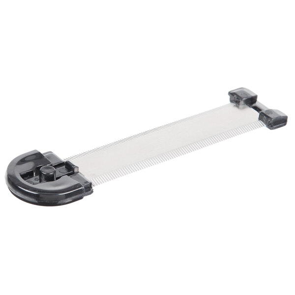 A black and white plastic strip with a black handle.