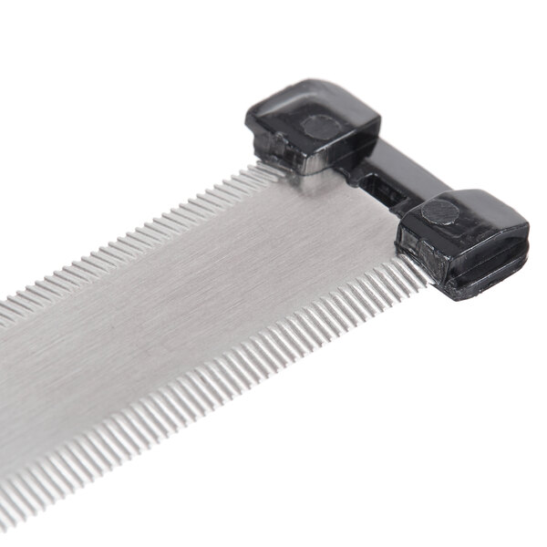 A close-up of a silver Mercer Culinary hand slicer blade with a black plastic circle.