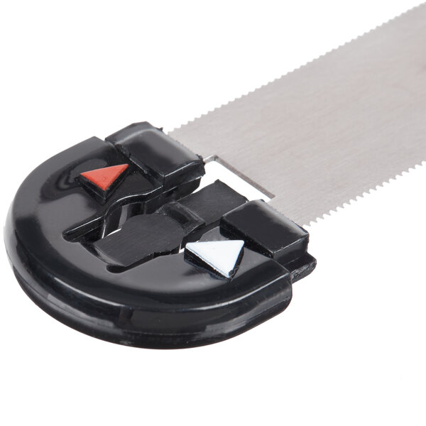 A close-up of a black and white Mercer Culinary hand slicer blade.