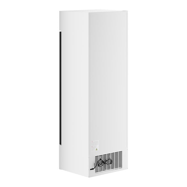 A white customizable swing glass door merchandiser refrigerator with LED lighting.