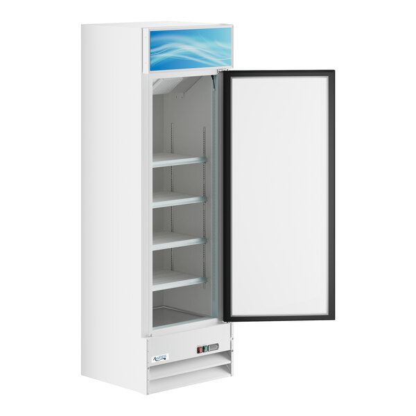 A white swing glass door merchandiser refrigerator with LED lighting and adjustable shelves.
