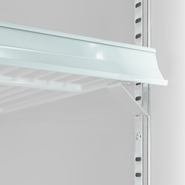 A white swing glass door merchandiser refrigerator with LED lighting and adjustable shelving.